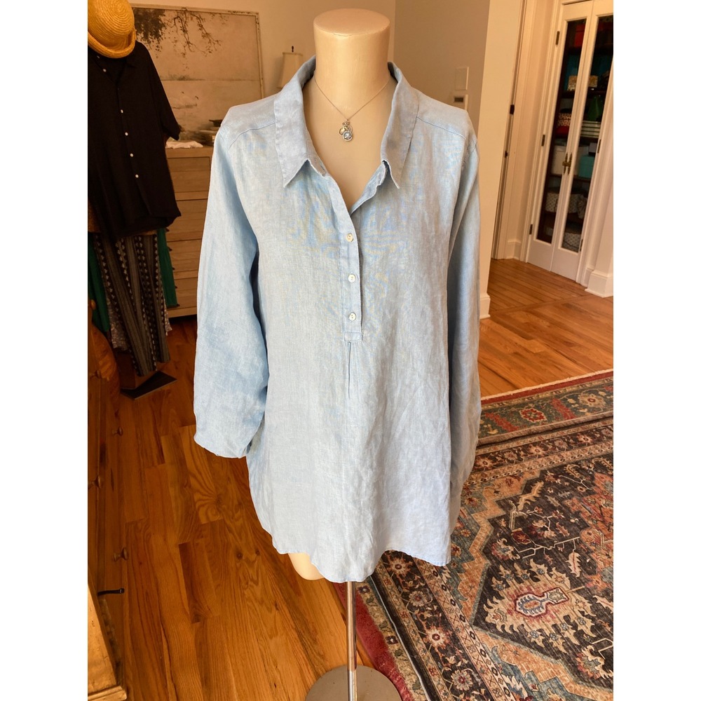 Jones New York Blue 100% Linen Tunic Popover Roll Tab Shirt Womens 1X